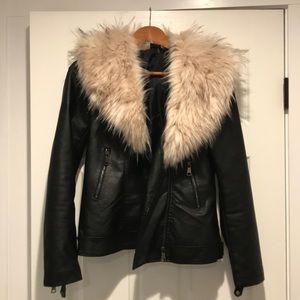 Vegan leather moto jacket with removable faux fur
